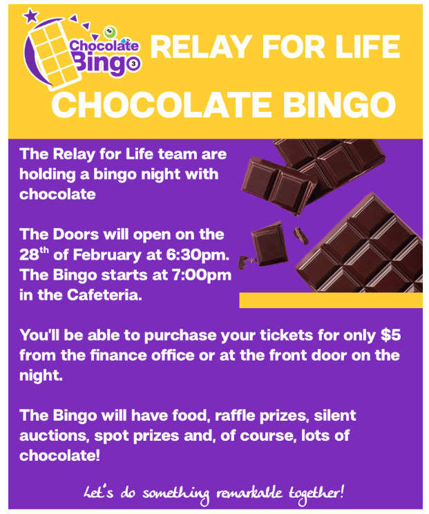 Relay For Life Chocolate Bingo night tonight