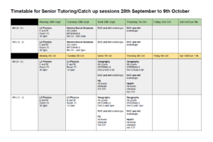 Timetable for Senior Tutoring/ Catch up sessions 28th September to 9th October