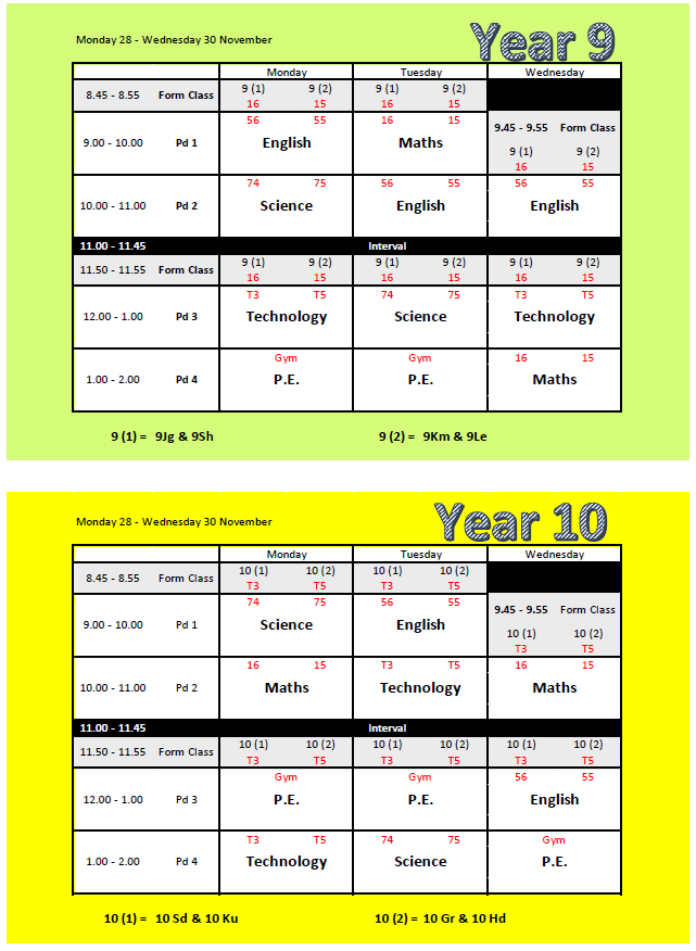 Week 7 Timetable for Year 9 & Year 10 students